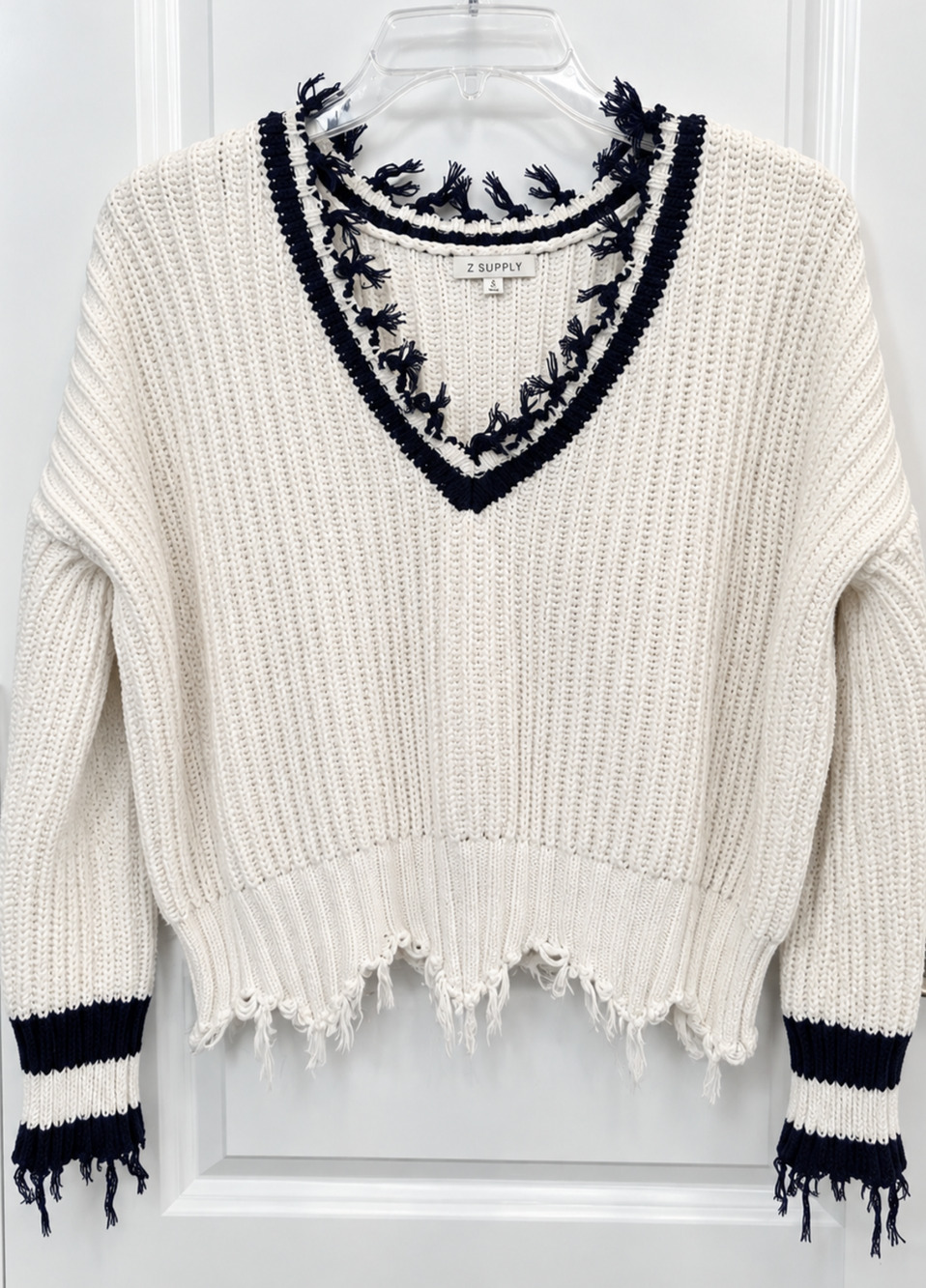 Z Supply Sweater Fringe Distressed Womens Small Ivory Black Cotton Knit V-Neck